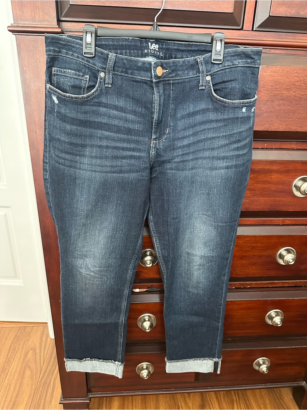Lee Riders Sz 16 Dark Blue Cuffed Crop Denim Jeans Stretch